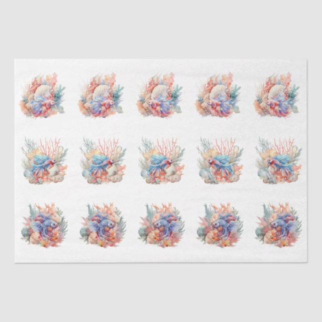 Papel De Seda Conchas Marinhas Coral e Peixe Betta Decoupage (Frente )