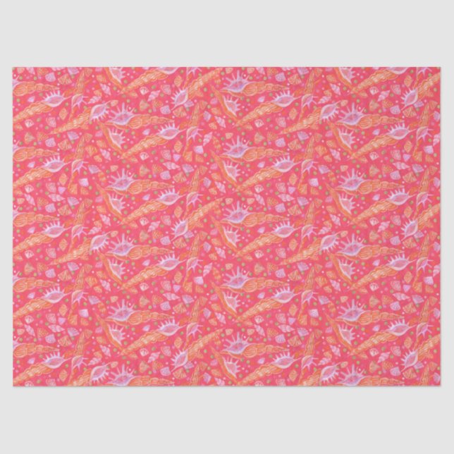 Papel De Seda Conchas marítimas Moluscos Padrão Náutico Vermelho (Frente )