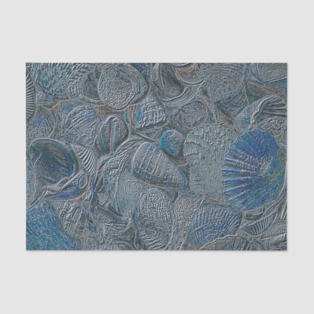 Papel De Seda Conchas Oceano Praia Azul Metálico Decoupage (Frente )