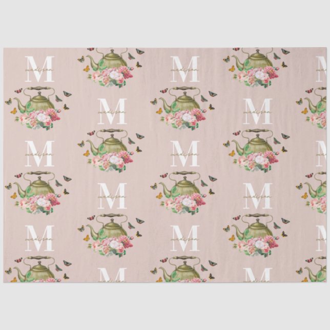 Papel De Seda Conjunto de Bule de Chá Rosa Floral & Borboletas M (Frente )