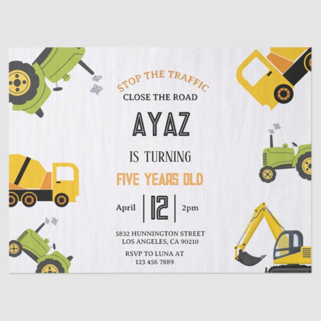 Papel De Seda Construction Dump Truck Party Boy Birthday  (Frente )