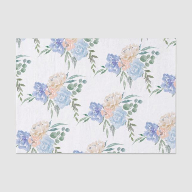 Papel De Seda Convite de Casamento com Flores em Azul Desbotado (Frente )