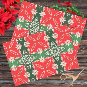 Papel De Seda Cor damasco da Vintagem Verde Vermelha Natal