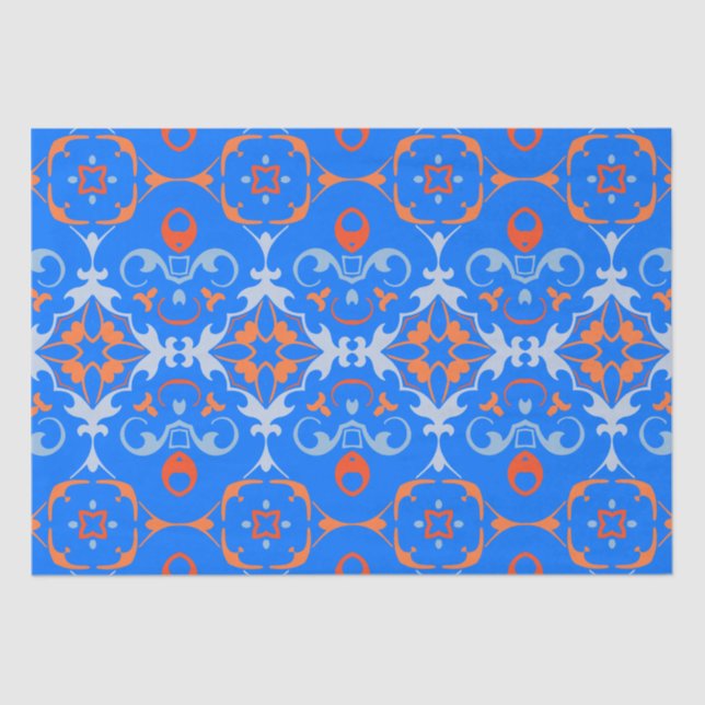 Papel De Seda Cor damasco Étnica de Boho Azul-Laranja Marinho (Frente )
