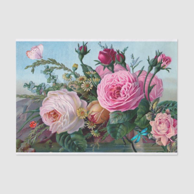 Papel De Seda Cor-de-rosa vítreo, Rosas vermelhas e Insetos  (Frente )