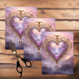 Papel De Seda Coração vitoriana do ouro com flores lilás, safra