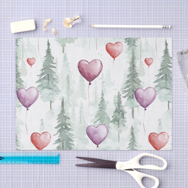 Papel De Seda Corações Árvores Vermelho Roxo Natal (Arte )