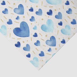 Papel De Seda Corações Cerúleo de Aquarela & Brilho Dourado