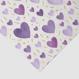 Papel De Seda Corações de Aquarela Lavanda com Brilho Dourado