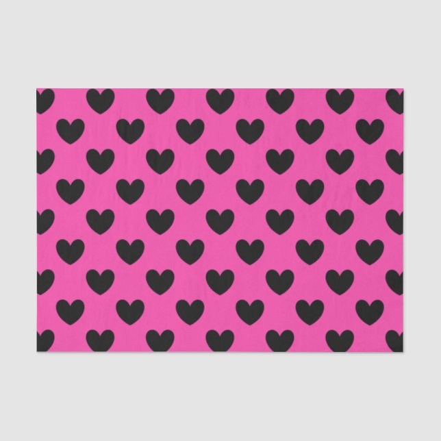 Papel De Seda Corações de polca-preta em rosa-fuchsia (Frente )