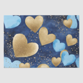 Papel De Seda Corações de São Valentão em Tinta Azul e Dourada à