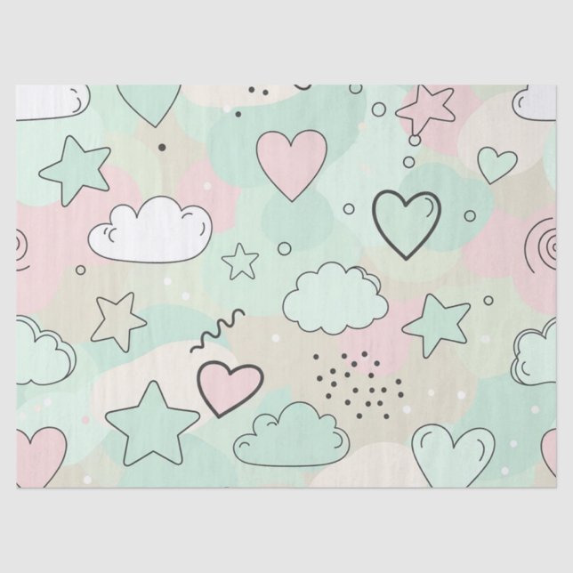 Papel De Seda Corações Pastéis e Nuvens Sonho de Aquarela (9) (Frente )