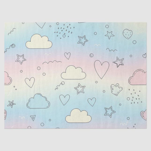 Papel De Seda Corações Pastéis e Nuvens Sonho em Aquarela (8) (Frente )