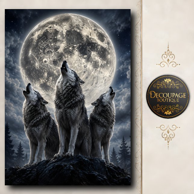 Papel De Seda Coro de Lobo ao Luar Decoupage (Moonlit Wolf Chorus Decoupage Tissue Paper)