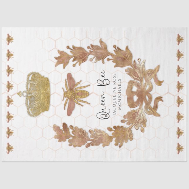 Papel De Seda Coroa de Abelha Rainha em Rose Gold Decoupage de N (Frente )