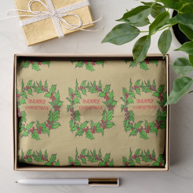 Papel De Seda Coroa de Natal de Azevinho Com Bagas (Presente)