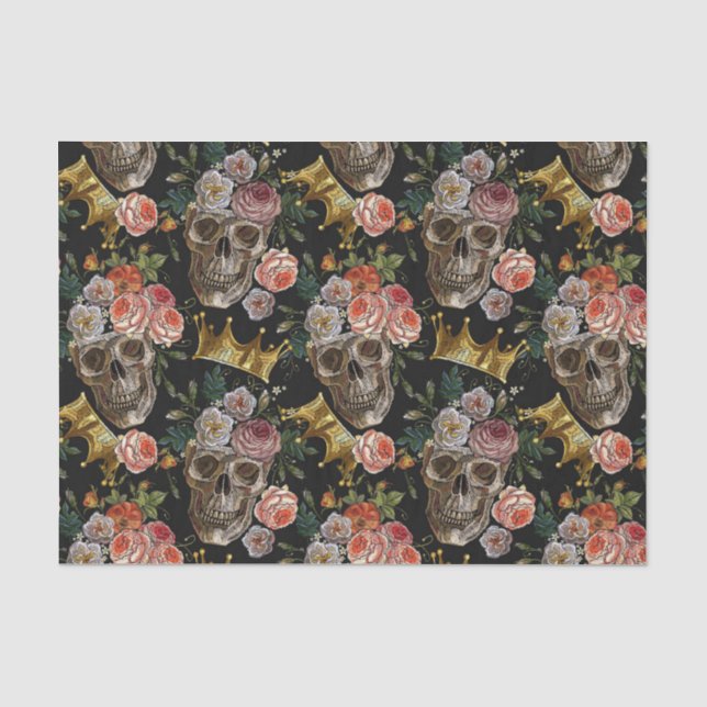 Papel De Seda Coroa Dourada Caveira Rosas Vermelhas Gótico Hallo (Frente )