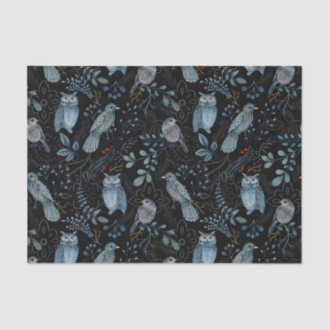 Papel De Seda Coruja de Pássaro Azul Nórdico Floral (Frente )