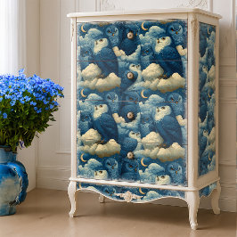 Papel De Seda Corujas Azuis e Nuvens da Noite Estrelada Decoraçã