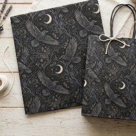 Papel De Seda Corvo da Meia-Noite Mística e Padrão de Lua Cresce