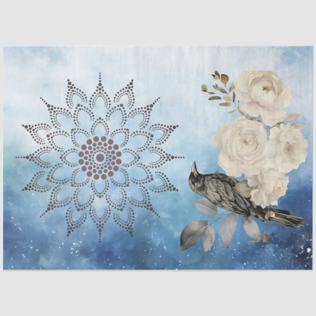 Papel De Seda Corvo Preto Flores Brancas Fundo Azul (Frente )