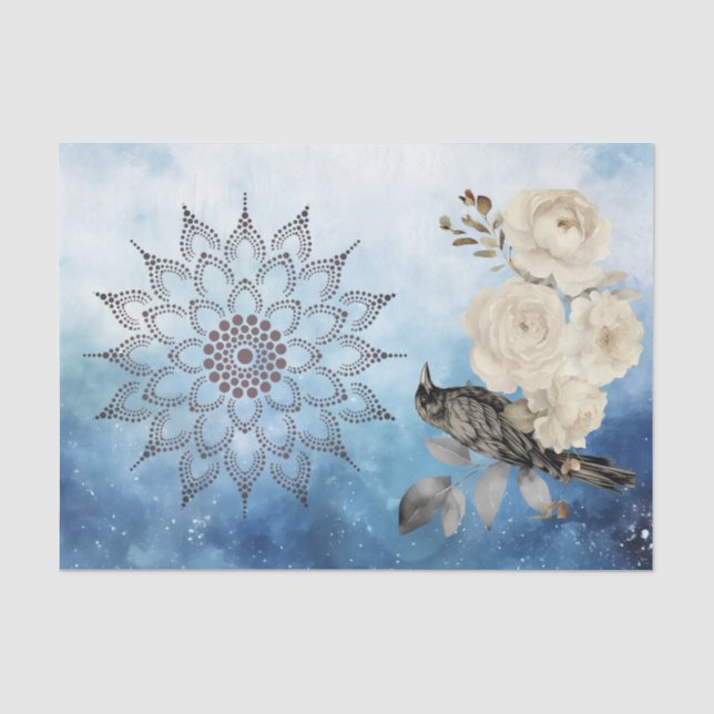 Papel De Seda Corvo Preto Flores Brancas Fundo Azul (Frente )