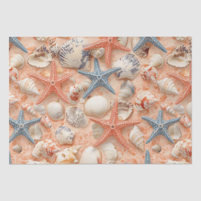 Papel De Seda Costeira russa - Conchas, Starfish, Recife (8) (Frente )