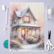 Cottagecore Casa de Primavera em Flor em Aquarela