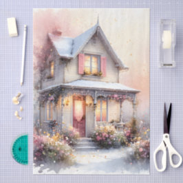 Papel De Seda Cottagecore Casa de Primavera em Flor em Aquarela