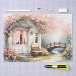 Papel De Seda Cottagecore Casa de Primavera em Flor em Aquarela