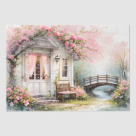 Papel De Seda Cottagecore Casa de Primavera em Flor em Aquarela