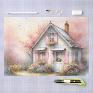 Papel De Seda Cottagecore Casa de Primavera em Flor em Aquarela