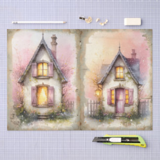 Papel De Seda Cottagecore Lar de Primavera em Flor em Aquarela