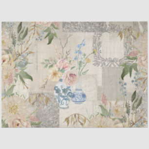 Papel De Seda Cottagecore Vintage Flor Buquê Azul e Branco