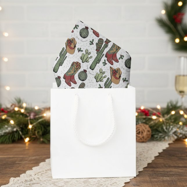 Papel De Seda Country Cowboy Howdy Natal (Elegant White Howdy Christmas Western Cowboy Ivory Tissue Paper. Cute Cowgirl Boots & Cactus Pattern)