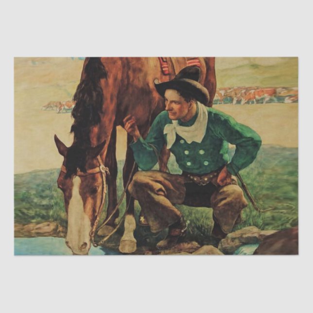 Papel De Seda Cowboy Vigiando seu cavalo pelo NC Wyeth (Frente )