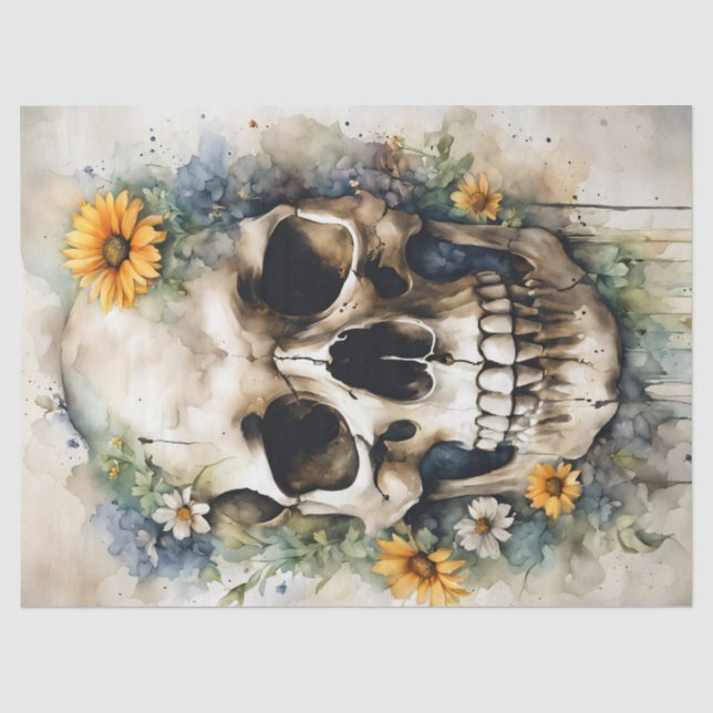 Papel De Seda Cráneo de Aquarela com Decoupage de Flores Silvest (Frente )