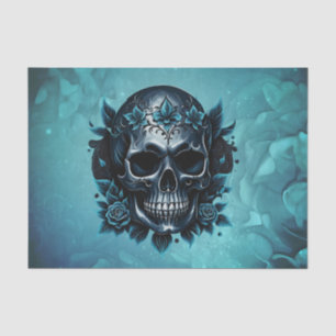 Papel De Seda Crânio azul escuro com rosas.