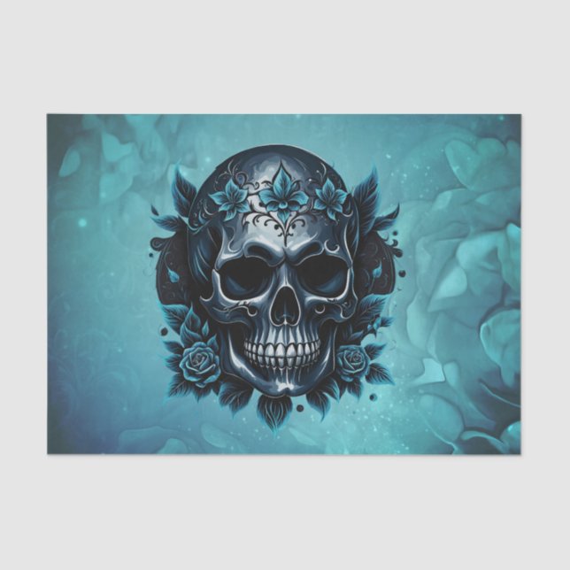 Papel De Seda Crânio azul escuro com rosas. (Frente )