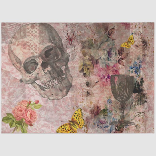 Papel De Seda Crânio de Halloween, Vidro de Vinho e Borboleta Am (Frente )