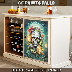 Papel De Seda Crânio em flores e teias de aranha