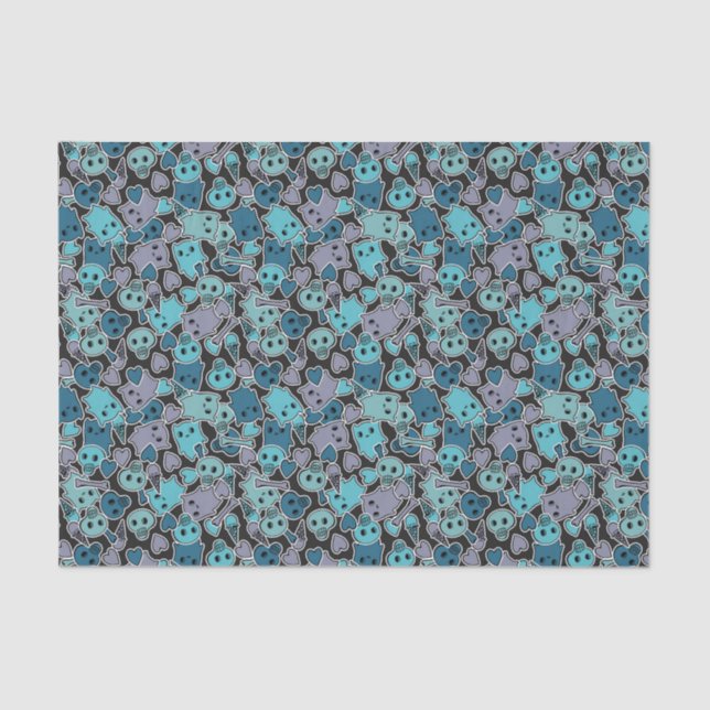 Papel De Seda Crânios, e corações no fundo preto 2 (Frente )