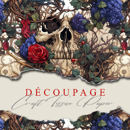 Papel De Seda Crânios Florais Rosas Flores Azuis Gótica