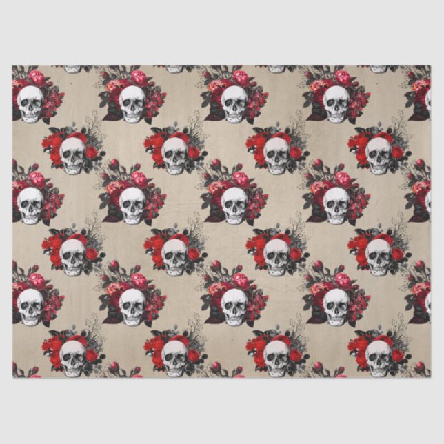 Papel De Seda Crânios góticos Padrão ondulado por rosas vermelha (Frente )