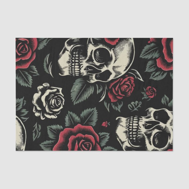 Papel De Seda Crânios & Rosas Vermelhas Floral Gótico (Frente )