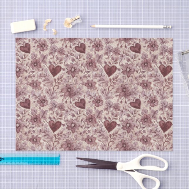 Papel De Seda Cream Burgundy Red Hearts Flowers Bridal Shower (Arte )