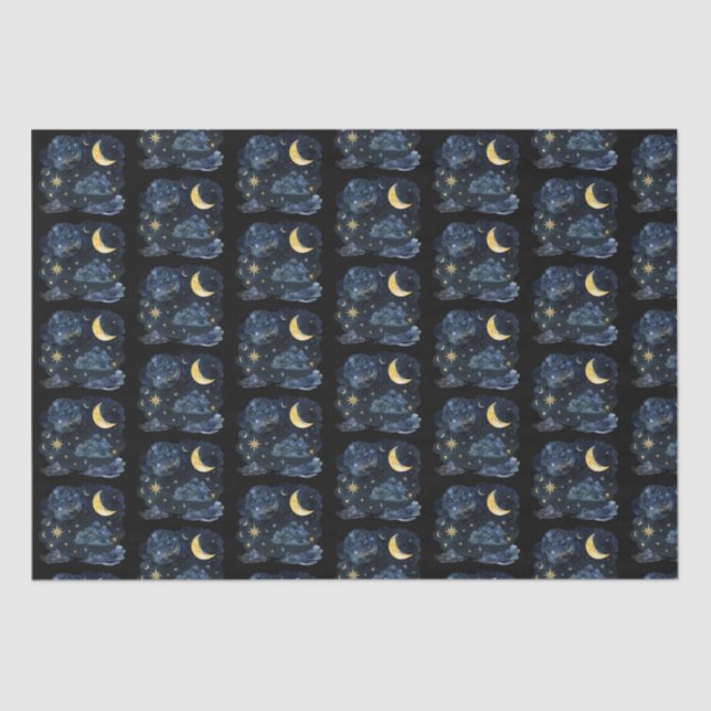 Papel De Seda Crescent Moon Stars Celestial Black Halloween (Frente )