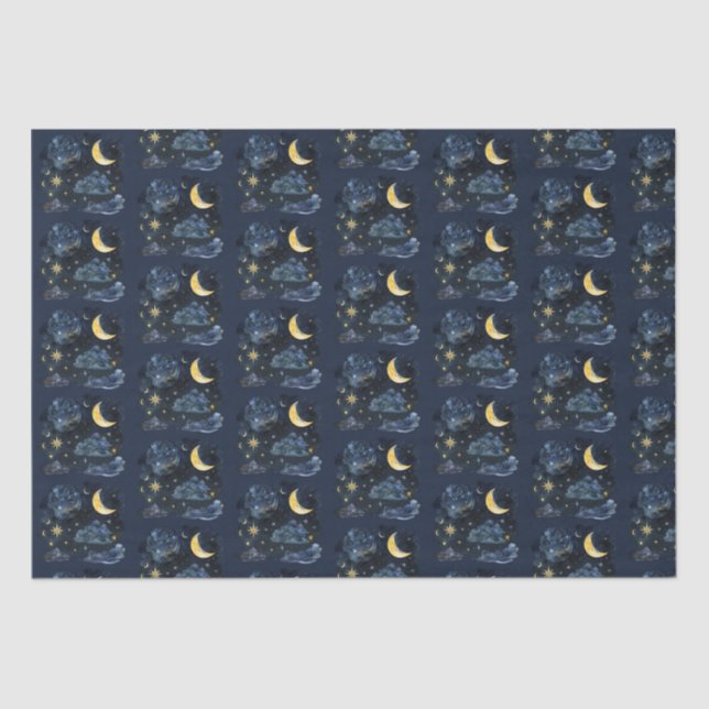 Papel De Seda Crescent Moon Stars Celestial Blue Halloween (Frente )