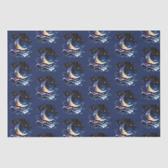 Papel De Seda Crescent Moon Stars Celestial Blue Halloween (Frente )
