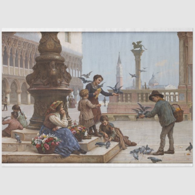Papel De Seda Crianças alimentando pombos em Veneza (por Paolett (Frente )